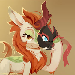 Size: 3900x3900 | Tagged: safe, artist:anotherdeadrat, character:autumn blaze, species:kirin, g4, brown background, cloven hooves, cute, eyebrows, female, high res, hooves, horn, lidded eyes, looking at you, mask, raised hoof, signature, simple background, slim, smiling, smiling at you, solo