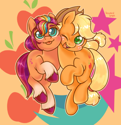 Size: 2900x3000 | Tagged: safe, artist:leopardsnaps, character:applejack, character:sunny starscout, species:earth pony, species:pony, g4, g5, :3, apple family member, applejack's hat, blep, clothing, cowboy hat, duo, generation leap, hat, looking at you, one eye closed, smiling, stetson, tongue out, unshorn fetlocks, wink