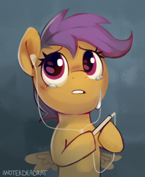 Size: 2406x2928 | Tagged: safe, artist:anotherdeadrat, character:scootaloo, species:pegasus, species:pony, g4, cellphone, crying, cute, cutealoo, earbuds, female, filly, high res, looking at you, phone, sad, sadorable, small wings, smartphone, solo, spread wings, teary eyes, wings, young