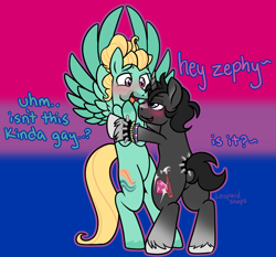 Size: 3218x3000 | Tagged: safe, artist:leopardsnaps, character:zephyr breeze, oc, oc:crystal nightshine, species:pegasus, species:pony, species:unicorn, g4, bisexual pride flag, blushing, bracelet, canon x oc, dialogue, duo, flirting, flustered, gay, half-closed eyes, height difference, jewelry, kandi, male, nightbreeze, pride flag, shipping, spiked wristband, stallion, tail band, trans male, transgender, unshorn fetlocks, wristband