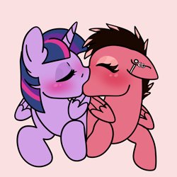 Size: 3000x3000 | Tagged: safe, artist:leopardsnaps, character:twilight sparkle, character:twilight sparkle (alicorn), oc, oc:sunny ballads, species:alicorn, species:pegasus, species:pony, blushing, canon x oc, cuddling, duo, eyes closed, female, jewelry, kissing, lesbian, piercing, shipping, simple background