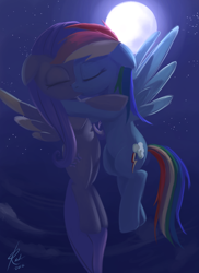 Size: 800x1100 | Tagged: safe, artist:grissaecrim, character:fluttershy, character:rainbow dash, species:pegasus, species:pony, ship:flutterdash, g4, duo, duo female, eyes closed, female, floppy ears, flying, full moon, kiss on the lips, kissing, lesbian, mare, moon, night, night sky, shipping, signature, sky, spread wings, stars, wings
