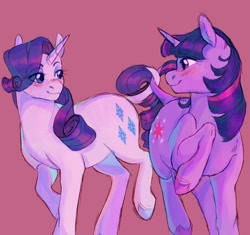 Size: 1700x1600 | Tagged: safe, artist:abbytabbys, character:rarity, character:twilight sparkle, character:twilight sparkle (unicorn), species:pony, species:unicorn, ship:rarilight, g4, blushing, cute, female, leonine tail, lesbian, looking at each other, looking at someone, mare, prehensile tail, raised leg, shipping, simple background, tail, tail hold