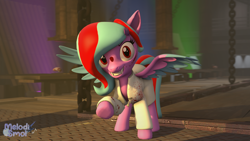 Size: 3840x2160 | Tagged: safe, artist:melodismol, oc, oc:star beats, species:pegasus, species:pony, fanfic:rainbow factory, 3d, blood, blood stains, clothing, coat, lab coat, looking at you, raised hoof, smiling, solo, source filmmaker, spread wings, wings