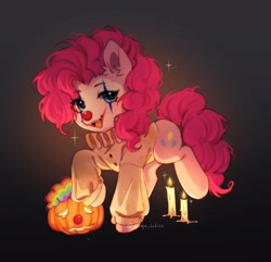 Size: 2048x1972 | Tagged: safe, artist:tyutya_loh123, character:pinkie pie, species:earth pony, species:pony, g4, candle, clothing, clown, clown makeup, clown nose, costume, eyebrows, fangs, female, halloween, halloween costume, high res, holiday, it, jack-o-lantern, looking at you, mare, open mouth, pennywise, pumpkin, sharp teeth, signature, solo, sparkles