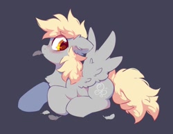 Size: 1454x1120 | Tagged: safe, artist:mirtash, character:derpy hooves, species:pegasus, species:pony, g4, blushing, chest fluff, ear fluff, feather, female, floppy ears, grooming, mare, preening, profile, simple background, solo, spread wings, wing fluff, wings