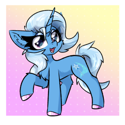 Size: 2000x2000 | Tagged: safe, artist:jubyskylines, character:trixie, species:pony, species:unicorn, g4, abstract background, chest fluff, colored hooves, cute, diatrixes, ear fluff, female, gradient background, high res, hooves, horn, looking at you, mare, open mouth, open smile, raised hoof, smiling, smiling at you, solo, unshorn fetlocks