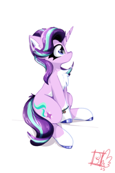Size: 2000x3000 | Tagged: safe, artist:jubyskylines, character:starlight glimmer, species:pony, species:unicorn, g4, bracelet, chest fluff, coat markings, colored hooves, countershading, ear fluff, female, high res, hooves, horn, jewelry, mare, profile, signature, simple background, sitting, socks (coat marking), solo, unshorn fetlocks, white background