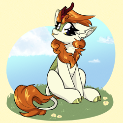 Size: 2000x2000 | Tagged: safe, artist:jubyskylines, character:autumn blaze, species:kirin, g4, blep, cloven hooves, ear fluff, female, grass, high res, hooves, horn, looking at you, sitting, smiling, smiling at you, solo, tongue out, unshorn fetlocks