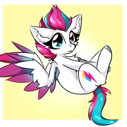 Size: 2000x2000 | Tagged: safe, artist:jubyskylines, character:zipp storm, species:pegasus, species:pony, g5, blep, chest fluff, colored hooves, colored wings, colored wingtips, ear fluff, female, gradient wings, high res, hooves, looking at you, mare, multicolored wings, partially open wings, passepartout, solo, sparkles, tongue out, unshorn fetlocks, wings