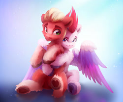 Size: 2428x2021 | Tagged: safe, artist:itssim, character:sprout, character:zipp storm, species:earth pony, species:pegasus, species:pony, g5, adorazipp, cute, duo, duo male and female, eyebrows, female, fluffy, high res, hoof heart, hug, male, mare, sitting, spread wings, sproutbetes, stallion, underhoof, unshorn fetlocks, wings