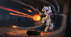 Size: 3107x1620 | Tagged: safe, artist:mrscroup, character:sweetie belle, species:pony, friendship is witchcraft, sweetie bot, g4, city, commission, detailed, detailed background, explosion, minigun, missile, night, profile, red eyes, robot, robot pony, rocket launcher, ruins, shooting, smoke, solo, weapon
