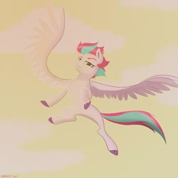 Size: 1240x1240 | Tagged: safe, artist:starburstuwu, character:zipp storm, species:pegasus, species:pony, g5, cloud, colored eyebrows, colored hooves, eyebrows, female, flying, hooves, mare, signature, sky, smiling, solo, spread wings, wings