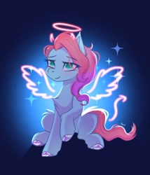 Size: 1166x1365 | Tagged: safe, artist:maxi_ponie, character:jazz hooves, species:earth pony, species:pony, g5, angelic wings, chest fluff, colored hooves, demon horns, eye clipping through hair, eyebrows, eyebrows visible through hair, female, floating wings, halo, hooves, horns, lidded eyes, mare, signature, sitting, smiling, solo, sparkles, unshorn fetlocks, wings