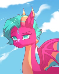 Size: 1106x1380 | Tagged: safe, artist:maxi_ponie, character:blaize skysong, species:dragon, g5, dragon wings, eyebrows, female, signature, smiling, solo, spread wings, wings