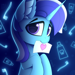 Size: 3000x3000 | Tagged: safe, artist:alexbefest, character:minuette, species:pony, species:unicorn, g4, abstract background, blue, card, cute, ear fluff, eyebrows, female, heart, high res, holding, hooves, horn, letter, looking at you, mare, minubetes, mouth hold, neon, signature, smiling, smiling at you, solo, three quarter view