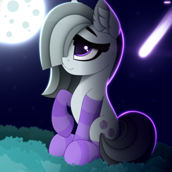 Size: 3000x3000 | Tagged: safe, artist:alexbefest, character:marble pie, species:earth pony, species:pony, g4, clothing, cute, ear fluff, eyebrows, female, full moon, grass, hair over one eye, high res, marblebetes, mare, moon, night, night sky, raised hoof, signature, sitting, sky, smiling, socks, solo, striped socks, tail, tail wrap