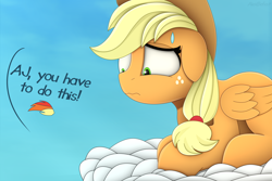 Size: 4500x3000 | Tagged: safe, artist:alexbefest, character:applejack, species:pegasus, species:pony, g4, apple family member, applejack's hat, clothing, cloud, cowboy hat, female, flapplejack, floppy ears, folded wings, freckles, hat, high res, implied rainbow dash, looking down, mare, offscreen character, on a cloud, race swap, scared, signature, simple background, solo, stetson, sweat, sweatdrop, wavy mouth, wings