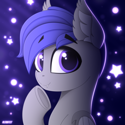 Size: 3000x3000 | Tagged: safe, artist:alexbefest, oc, oc only, species:bat pony, species:pony, bat pony oc, bat wings, bust, ear fluff, eyebrows, eyebrows visible through hair, fangs, high res, looking at you, purple eyes, raised hoof, sharp teeth, signature, smiling, smiling at you, solo, stars, underhoof, wings