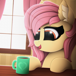Size: 3000x3000 | Tagged: safe, artist:alexbefest, oc, oc only, species:pony, commission, crepuscular rays, ear fluff, female, high res, indoors, looking at something, mare, mug, not fluttershy, open mouth, open smile, signature, smiling, solo, window, ych result