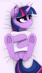 Size: 1750x3000 | Tagged: safe, artist:alexbefest, character:twilight sparkle, character:twilight sparkle (alicorn), species:alicorn, species:pony, g4, adorkable, body pillow, body pillow design, cute, dork, ear fluff, featureless crotch, female, frog (hoof), high res, hooves, horn, lying down, mare, on back, signature, smiling, solo, twiabetes, underhoof
