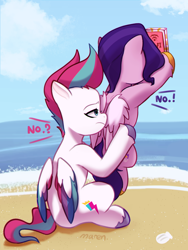 Size: 2000x2666 | Tagged: safe, artist:maren, character:pipp petals, character:zipp storm, species:pegasus, species:pony, g5, beach, colored wings, duo, duo female, female, high res, holding, holding a pony, mare, multicolored wings, ocean, outdoors, phone, pipp is small, pipp wings, royal sisters (g5), siblings, signature, sisters, sitting, that pony sure does love phones, unshorn fetlocks, water, wings