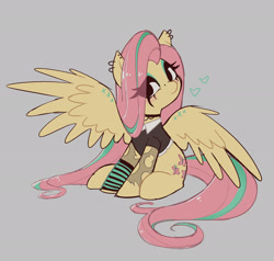 Size: 2344x2230 | Tagged: safe, artist:syrupyyy, character:fluttershy, species:pegasus, species:pony, g4, arm warmers, blushing, choker, clothing, cute, ear piercing, earring, edgy, eye clipping through hair, eyeshadow, female, fluttergoth, goth, gray background, heart, high res, jewelry, looking at you, makeup, mare, necklace, nose piercing, piercing, shirt, shyabetes, simple background, sitting, solo, spread wings, torn clothes, wings