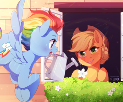 Size: 2048x1700 | Tagged: safe, artist:applesartt, character:applejack, character:rainbow dash, species:earth pony, species:pegasus, species:pony, ship:appledash, g4, apple family member, applejack's hat, clothing, colored eyebrows, cowboy hat, duo, duo female, eye contact, eyebrows, female, flower, flying, freckles, hat, holding, lesbian, looking at each other, looking at someone, mare, mouth hold, older, older appledash, older applejack, older rainbow dash, outdoors, shipping, signature, smiling, spread wings, stetson, underhoof, watering can, wings