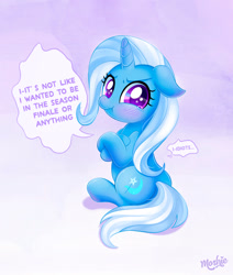 Size: 1280x1510 | Tagged: safe, artist:imoshie, character:trixie, species:pony, species:unicorn, g4, baka, crossed arms, crying, cute, dialogue, diatrixes, female, floppy ears, gradient background, hilarious in hindsight, jerkass woobie, looking at you, mare, signature, simple background, sitting, solo, speech bubble, text, three quarter view, tsundere, tsunderixie, woobie