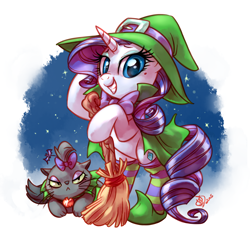 Size: 2950x2900 | Tagged: safe, artist:diamonddusted, artist:whitediamonds, character:opalescence, character:rarity, species:pony, species:unicorn, g4, beauty mark, bipedal, broom, cat, clothing, costume, duo, female, grin, hat, high res, holiday, horn, looking at you, mare, nightmare night, nightmare night costume, signature, smiling, smiling at you, socks, striped socks, witch