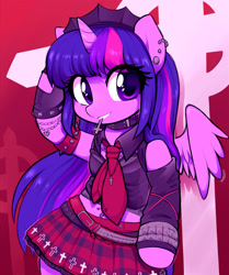 Size: 2203x2636 | Tagged: safe, artist:moozua, character:twilight sparkle, character:twilight sparkle (alicorn), species:alicorn, species:pony, g4, belly button, bipedal, bracelet, clothing, collar, ear piercing, earring, eye clipping through hair, female, goth, high res, holding, horn, jewelry, looking at you, mare, mouth hold, necklace, necktie, piercing, semi-anthro, signature, skirt, smiling, smiling at you, solo, wings