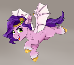 Size: 2000x1774 | Tagged: safe, artist:rutkotka, manebooru spotlight, character:pipp petals, species:bat pony, species:pony, g5, adorapipp, bat ears, bat ponified, bat wings, colored eyebrows, cute, cute little fangs, diadem, eyebrows, fangs, female, flying, gradient background, gray background, jewelry, looking at you, mare, open mouth, open smile, pipp wings, race swap, regalia, sharp teeth, smiling, smiling at you, solo, spread wings, unshorn fetlocks, wings