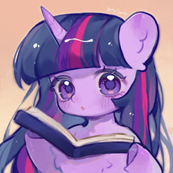 Size: 1000x1000 | Tagged: safe, artist:jelly-candy, artist:twiligh44097152, character:twilight sparkle, character:twilight sparkle (unicorn), species:pony, species:unicorn, g4, :o, book, cute, eyebrows, female, gradient background, holding, horn, looking at you, mare, open mouth, reading, signature, solo, twiabetes
