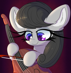 Size: 2527x2585 | Tagged: safe, artist:windykirin, character:octavia melody, species:earth pony, species:pony, g4, big ears, bow (instrument), cello, cute, ear fluff, female, high res, hoof hold, impossibly long eyelashes, long eyelashes, looking at something, mare, musical instrument, smiling, solo, tavibetes