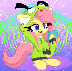 Size: 5270x5142 | Tagged: safe, artist:windykirin, character:fluttershy, oc, oc:fluttgirshy, species:pegasus, species:pony, absurd resolution, antonymph, clothing, fangs, female, gir, hoodie, invader zim, long eyelashes, looking at something, mare, open mouth, open smile, sharp teeth, sitting, smiling, solo