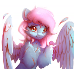Size: 1981x1854 | Tagged: safe, artist:itssim, oc, oc only, oc:vesperal breeze, species:pegasus, species:pony, commission, eyebrows, feather, female, fluffy, looking at you, mare, pegasus oc, scar, self harm, self harm scars, simple background, smiling, smiling at you, solo, spread wings, white background, wings