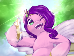 Size: 2194x1668 | Tagged: safe, artist:kurogewapony, character:pipp petals, species:pegasus, species:pony, g5, adorapipp, cellphone, circlet, colored eyebrows, cute, eyebrows, female, hoof hold, lens flare, looking at you, mare, one eye closed, open mouth, open smile, phone, pipp is chubby, pipp wings, smartphone, smiling, smiling at you, solo, spread wings, wings, wink, winking at you