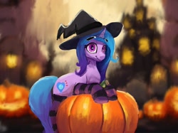 Size: 2048x1535 | Tagged: safe, artist:phutashi, character:izzy moonbow, species:pony, species:unicorn, g5, clothing, cute, digital painting, eyebrows, eyebrows visible through hair, female, food, gradient hair, halloween, hat, holiday, izzybetes, jack-o-lantern, looking at you, mare, multicolored hair, pumpkin, smiling, smiling at you, socks, solo, striped socks, witch hat
