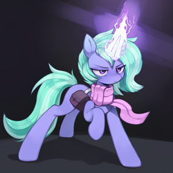 Size: 2295x2295 | Tagged: safe, artist:astralblues, oc, oc only, species:pony, species:unicorn, bag, clothing, eyebrows, female, high res, horn, magic, mare, raised hoof, saddle bag, scarf, solo, unicorn oc