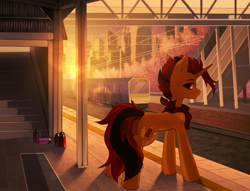 Size: 2585x1970 | Tagged: safe, artist:astralblues, oc, oc only, oc:selest light, species:pony, species:unicorn, eyebrows, high res, horn, looking at you, male, outdoors, solo, stairs, stallion, train, train station, unicorn oc