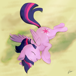 Size: 1640x1640 | Tagged: safe, artist:sion, character:twilight sparkle, character:twilight sparkle (alicorn), species:alicorn, species:pony, g4, cute, eyes closed, female, folded wings, horn, lying down, mare, signature, sleeping, solo, twiabetes, wings