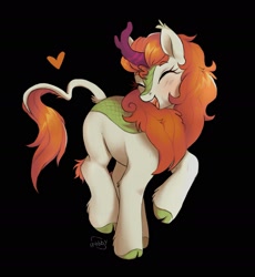 Size: 1827x1985 | Tagged: safe, artist:g4bby, character:autumn blaze, species:kirin, g4, awwtumn blaze, black background, blushing, cloven hooves, cute, eyebrows, eyebrows visible through hair, eyes closed, female, happy, heart, hooves, leonine tail, open mouth, open smile, signature, simple background, smiling, solo, tail, unshorn fetlocks