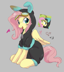 Size: 713x804 | Tagged: safe, artist:g4bby, character:fluttershy, species:pegasus, species:pony, g4, bunny ears, clothing, costume, cute, dangerous mission outfit, goggles, hoodie, open mouth, shyabetes, sitting, smiling, solo
