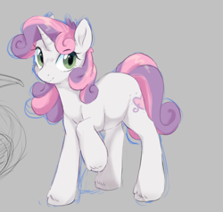 Size: 1216x1152 | Tagged: safe, artist:g4bby, character:sweetie belle, species:pony, species:unicorn, g4, raised hoof, simple background, smiling, solo, unshorn fetlocks