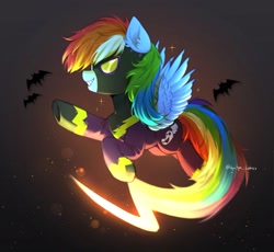 Size: 2048x1881 | Tagged: safe, artist:tyutya_loh123, character:rainbow dash, species:pegasus, species:pony, g4, clothing, costume, female, goggles, grin, halloween, halloween costume, holiday, mare, shadowbolt dash, shadowbolts, shadowbolts costume, signature, smiling, solo, sparkles, spread wings, wings