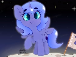 Size: 4000x3000 | Tagged: safe, artist:zokkili, character:princess luna, species:alicorn, species:pony, g4, beanbrows, cute, ear fluff, eyebrows, eyebrows visible through hair, female, high res, horn, lunabetes, on the moon, raised hoof, signature, sky, smiling, solo, sparkles, spread wings, stars, wings