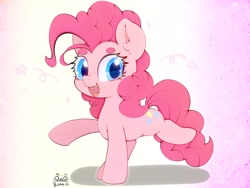 Size: 4000x3000 | Tagged: safe, artist:zokkili, character:pinkie pie, species:earth pony, species:pony, g4, beanbrows, colored eyebrows, cute, diapinkes, ear fluff, eyebrows, female, high res, looking at you, mare, open mouth, open smile, raised hoof, raised leg, signature, smiling, smiling at you, solo, standing on two hooves