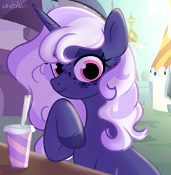 Size: 1084x1110 | Tagged: safe, artist:unichan, oc, oc only, oc:gloaming sheen, species:pony, species:unicorn, canterlot, drink, female, looking at you, soda, solo, ych result