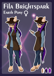 Size: 1200x1680 | Tagged: safe, artist:lunar froxy, oc, oc:fila brightspark, species:anthro, species:earth pony, species:pony, species:unguligrade anthro, clothing, female, hat, jacket, pants, phone, reference, reference sheet, solo, twitter link, vest