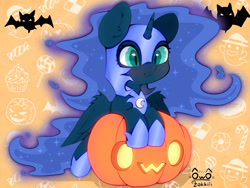 Size: 4000x3000 | Tagged: safe, artist:zokkili, character:nightmare moon, character:princess luna, species:alicorn, species:pony, g4, cute, female, halloween, high res, holiday, horn, jack-o-lantern, moonabetes, nicemare moon, nightmare woon, pumpkin, signature, slit pupils, solo, sparkles, wings